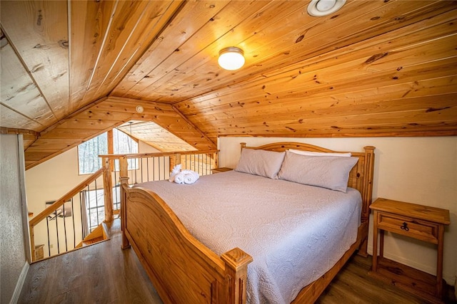 bedroom featuring lofted ceiling, wooden ceiling, and dark hardwood / wood-style flooring