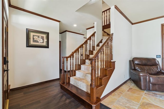 1408 NW 147th St, Edmond, OK 73013 - stairway featuring crown molding, recessed lighting, and wood finished floors