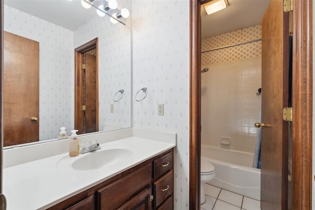 1408 NW 147th St, Edmond, OK 73013 - bathroom featuring vanity, tile patterned floors, wallpapered walls, and  shower combination
