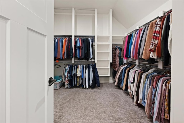 walk in closet with lofted ceiling and carpet