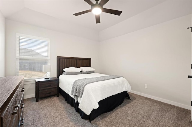 bedroom with baseboards, a ceiling fan, and light colored carpet