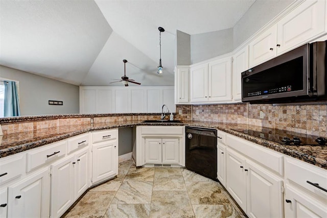 kitchen with tasteful backsplash, vaulted ceiling, a ceiling fan, black appliances, and a sink