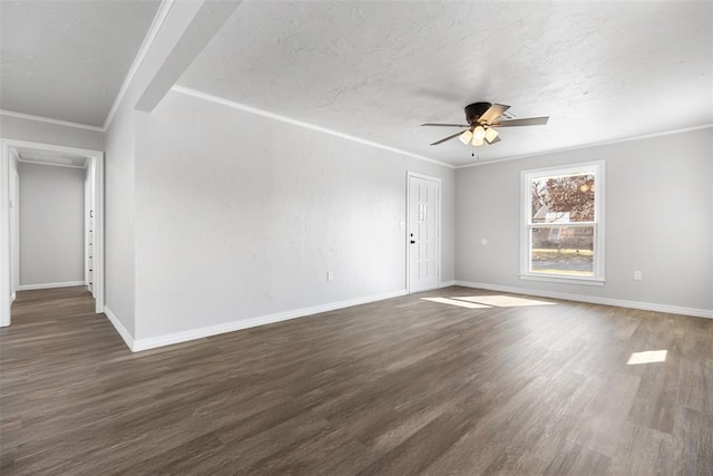 unfurnished room featuring crown molding, dark hardwood / wood-style floors, a textured ceiling, and ceiling fan