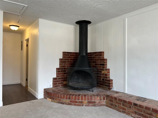 room details with carpet floors, a textured ceiling, and a wood stove