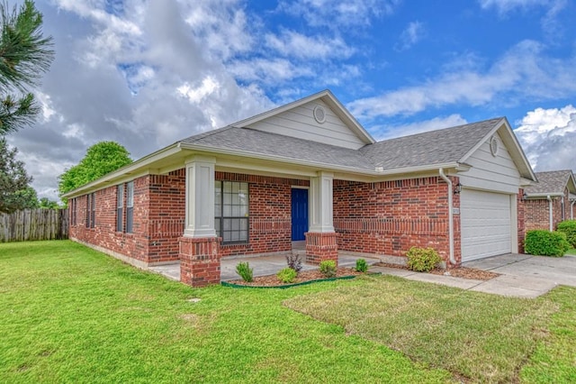 10700 NW 36th Pl, Yukon, OK 73099 - ranch-style house with brick siding, a garage, concrete driveway, and a shingled roof
