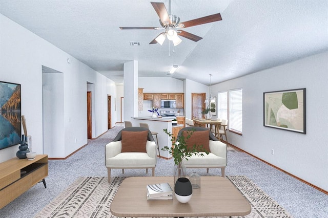 10700 NW 36th Pl, Yukon, OK 73099 - living room featuring lofted ceiling, light colored carpet, a ceiling fan, a textured ceiling, and baseboards
