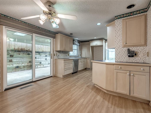 kitchen featuring sink, ceiling fan, dishwasher, a textured ceiling, and light wood-type flooring