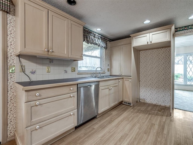 kitchen with sink, tasteful backsplash, light hardwood / wood-style flooring, a textured ceiling, and stainless steel dishwasher