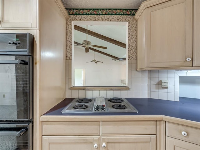 kitchen with cooktop, vaulted ceiling with beams, a textured ceiling, ceiling fan, and decorative backsplash