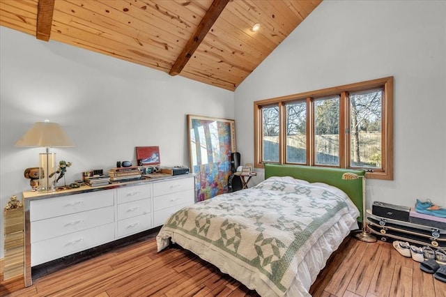 bedroom with wood ceiling, high vaulted ceiling, beamed ceiling, and hardwood / wood-style flooring