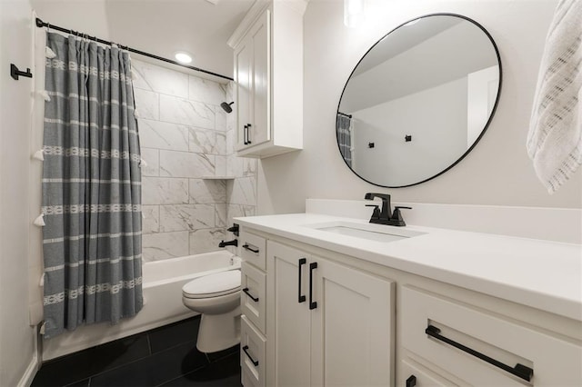 full bathroom featuring toilet, tile patterned floors, vanity, and shower / bathtub combination with curtain