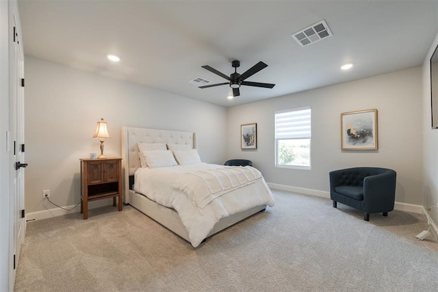 carpeted bedroom with ceiling fan