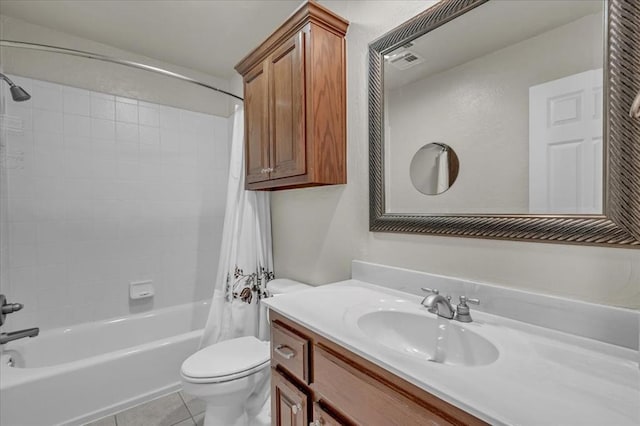 full bathroom with vanity, shower / bathtub combination with curtain, tile patterned floors, and toilet