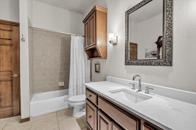 full bathroom featuring shower / tub combo, vanity, toilet, and tile patterned flooring