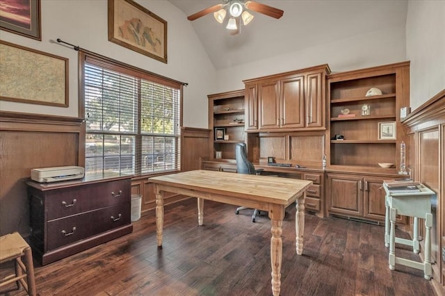 office with dark hardwood / wood-style flooring, high vaulted ceiling, and ceiling fan