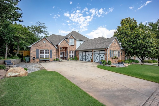 view of front of home with a garage and a front lawn