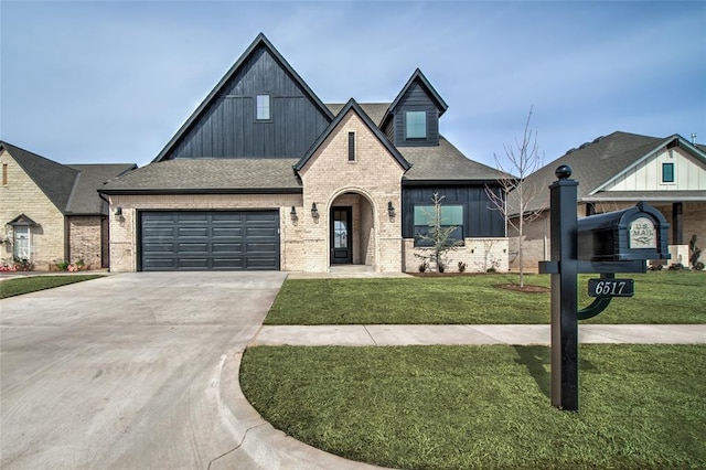 view of front of home with brick siding, roof with shingles, concrete driveway, board and batten siding, and a garage