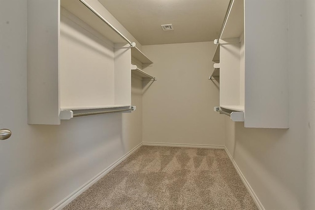 walk in closet with light carpet