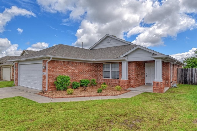 ranch-style home with brick siding, an attached garage, roof with shingles, and driveway