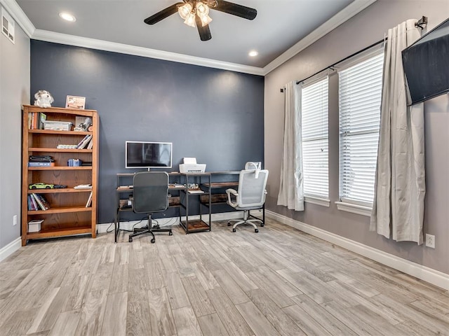 office space with ornamental molding, light hardwood / wood-style floors, and ceiling fan