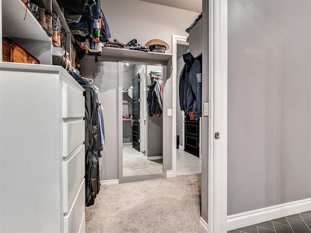 walk in closet with dark colored carpet