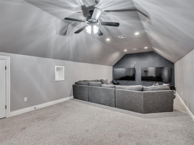 home theater with lofted ceiling and carpet flooring