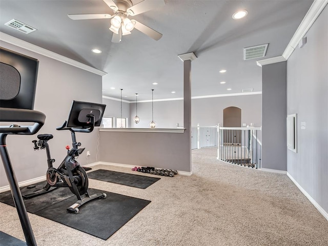 exercise area featuring crown molding, carpet, and ceiling fan