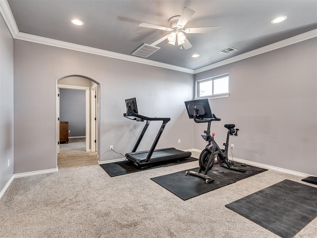 exercise room featuring ornamental molding, carpet, and ceiling fan