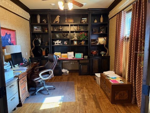 office space featuring ceiling fan and hardwood / wood-style floors