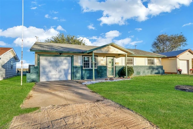 ranch-style home featuring a porch, a garage, and a front yard