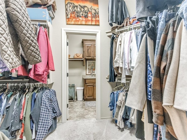 walk in closet with a sink and carpet flooring