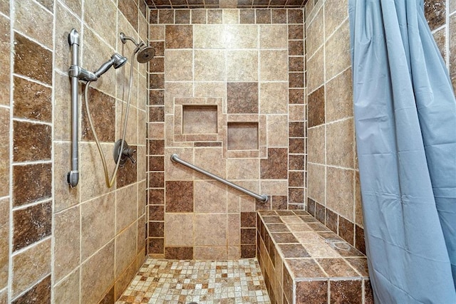 bathroom with curtained shower