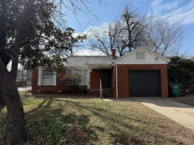 single story home featuring a garage and a front lawn