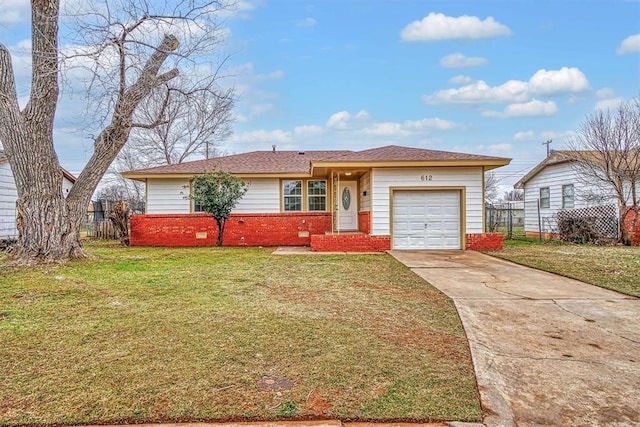 ranch-style house featuring a garage and a front lawn