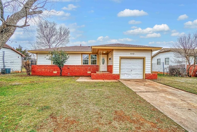 single story home featuring a garage, central AC, and a front yard