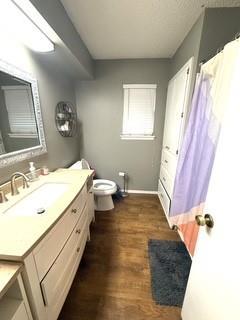 bathroom featuring vanity, toilet, and wood finished floors