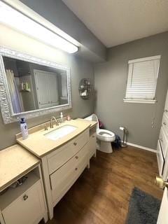 bathroom featuring toilet, vanity, and wood finished floors