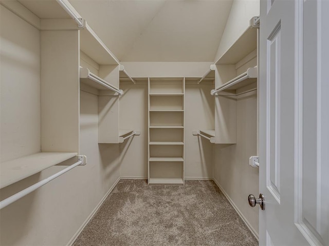 walk in closet featuring vaulted ceiling and light colored carpet