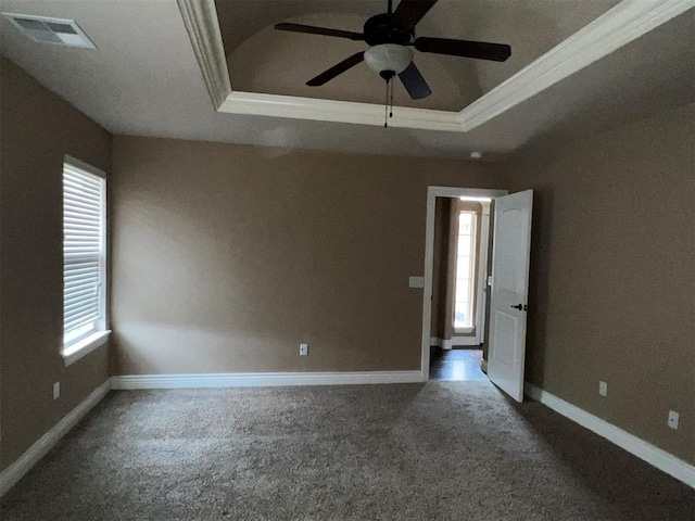 carpeted empty room with ceiling fan, a wealth of natural light, and a raised ceiling