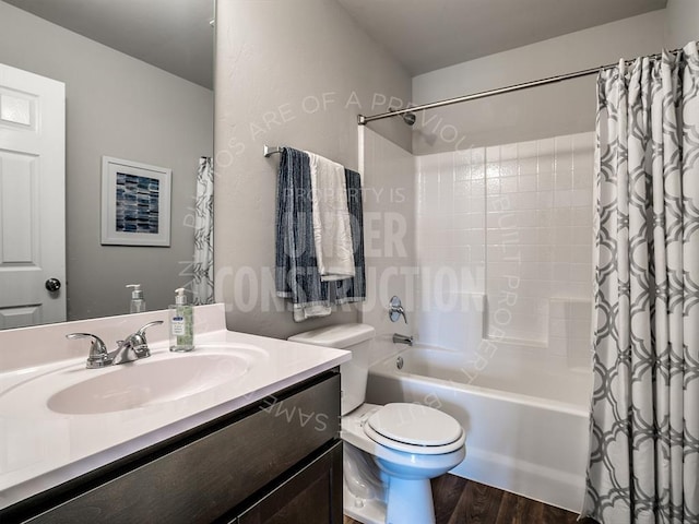 full bathroom with vanity, toilet, shower / tub combo, and hardwood / wood-style floors