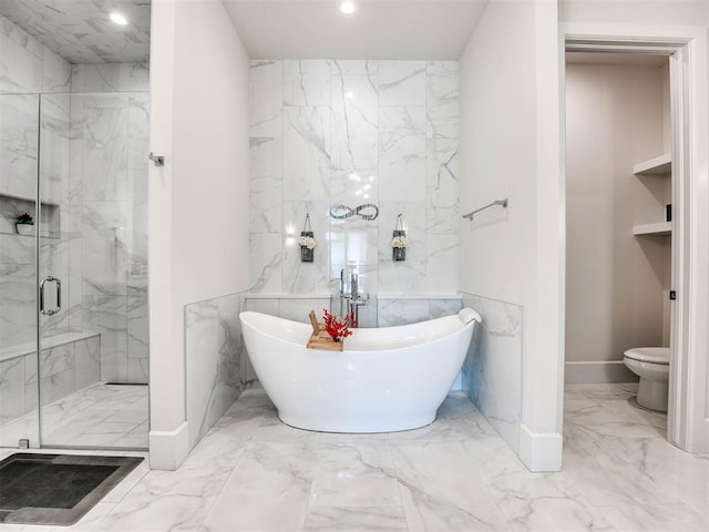 bathroom with tile walls, plus walk in shower, and toilet