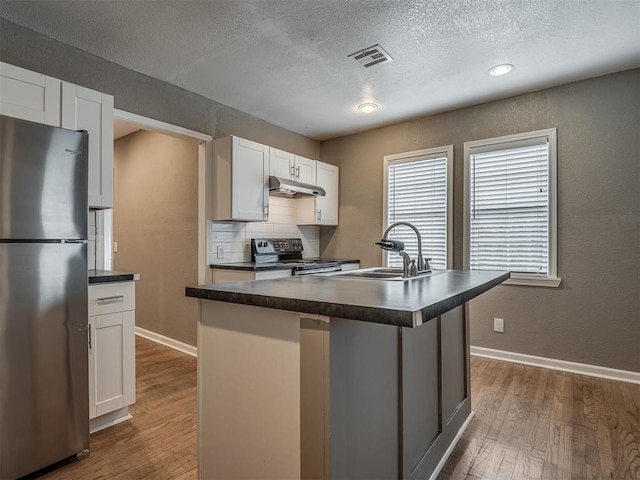 kitchen featuring dark countertops, appliances with stainless steel finishes, under cabinet range hood, and a sink