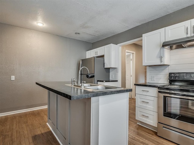 kitchen featuring a sink, under cabinet range hood, dark countertops, wood finished floors, and stainless steel appliances