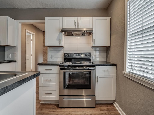 kitchen featuring dark countertops, backsplash, under cabinet range hood, stainless steel electric stove, and wood finished floors