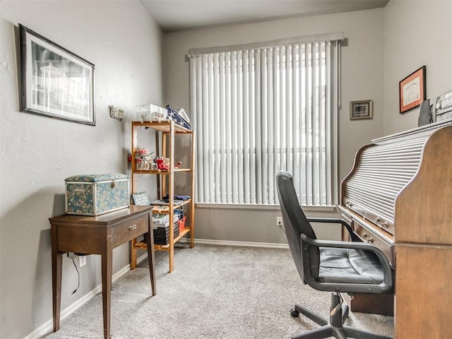 home office with baseboards and light colored carpet