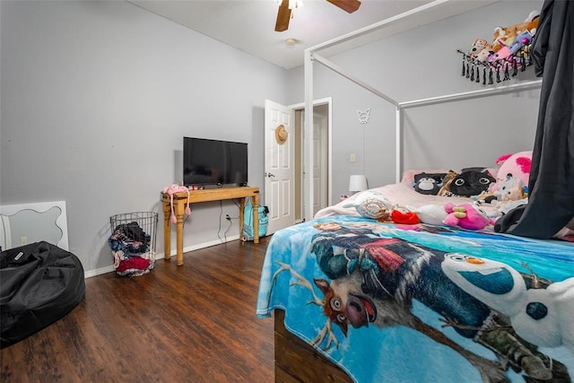 bedroom featuring dark wood-type flooring and ceiling fan