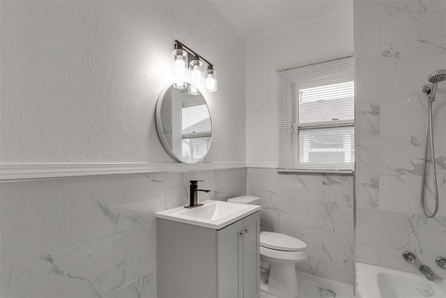 1617 NW 31st St, Oklahoma City, OK 73118 - full bathroom with tiled shower / bath, vanity, toilet, and tile walls