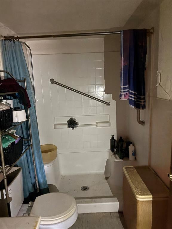 bathroom with toilet and a shower with shower curtain