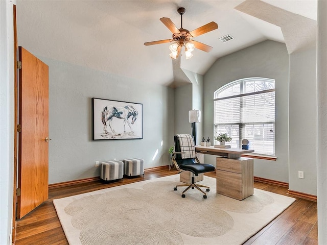 2508 Hamden Ave, Norman, OK 73069 - office with a ceiling fan, visible vents, wood finished floors, and lofted ceiling