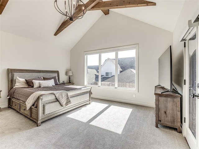 bedroom featuring high vaulted ceiling, a notable chandelier, light carpet, baseboards, and beam ceiling